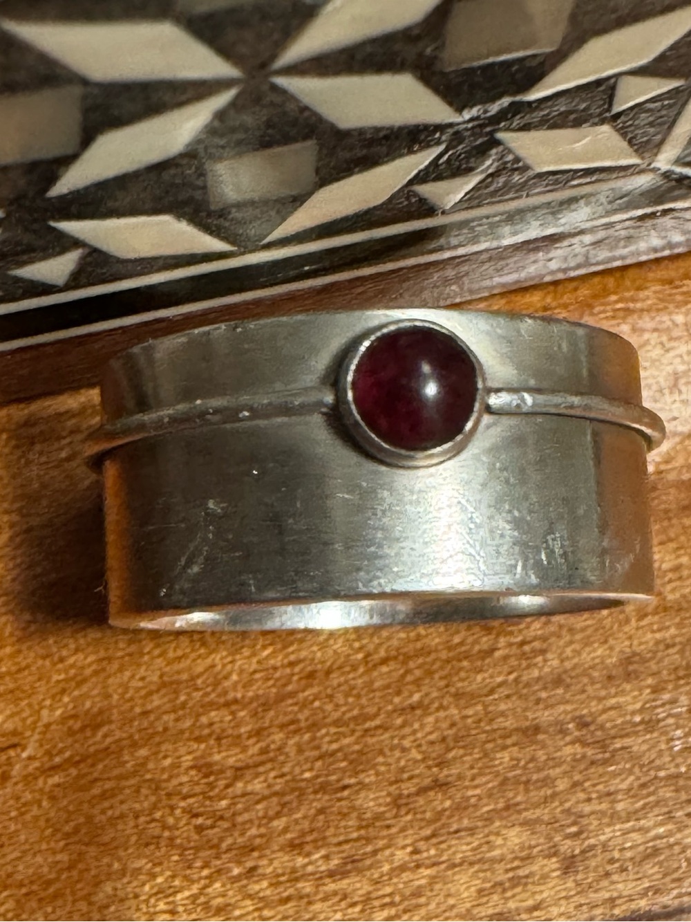 Vintage 925 Sterling Silver Wide Band Garnet Bezel Set Ring Size 8